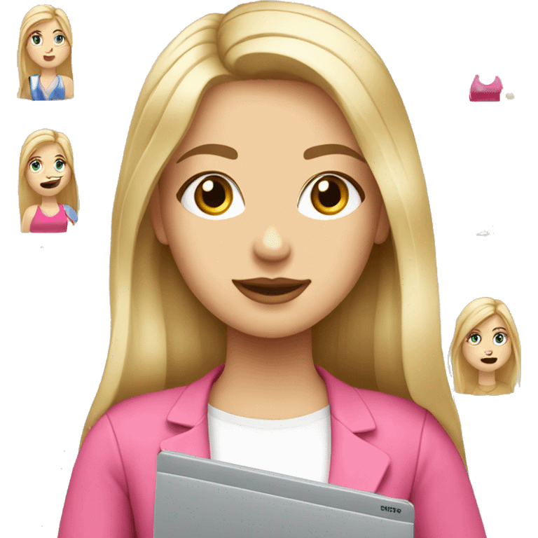 Graphic designer blonde girl with long hair and fair skin with grey eyes with Pink laptop  emoji