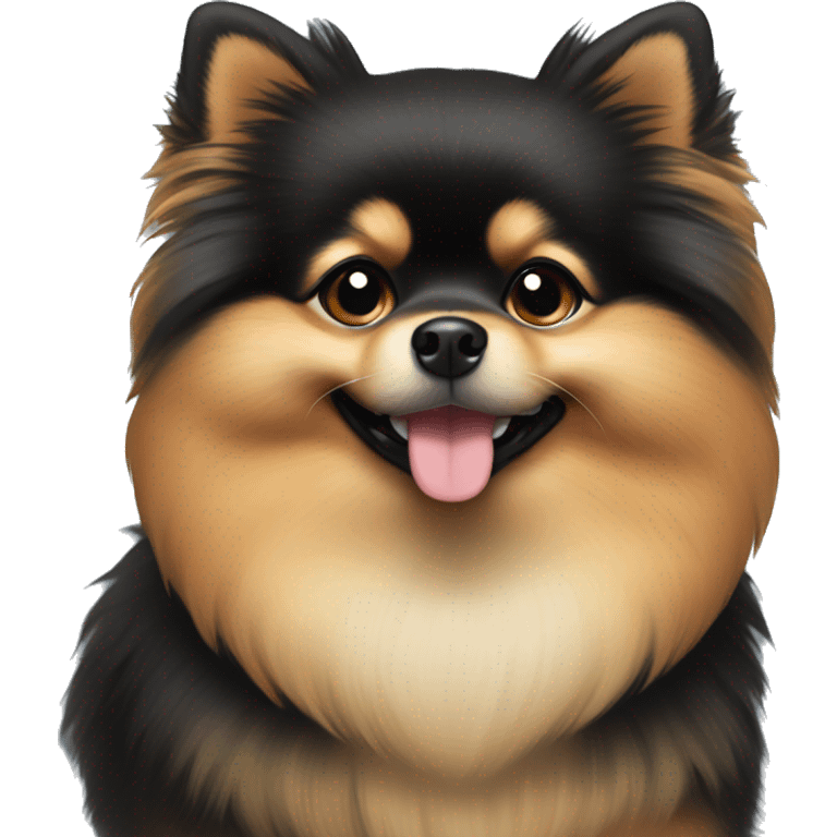 A small black-and-tan Pomeranian is smiling and lying down emoji