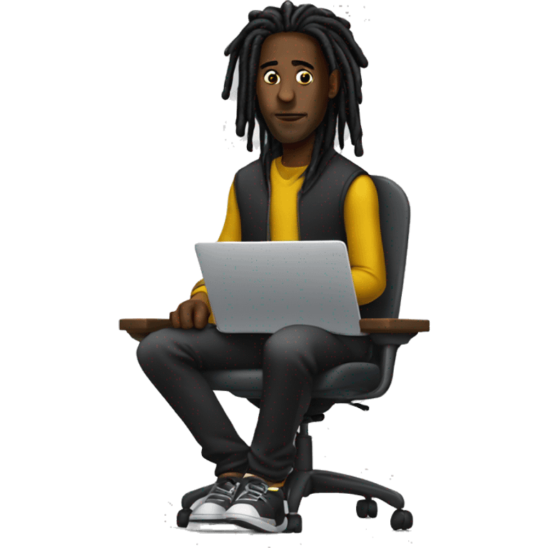 Black-guy-with-dreads-wearing-black-trackstuit-sitting-down-on-chair facing-foward-focused-on-laptop-computer- emoji