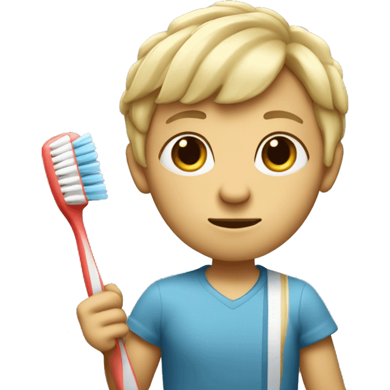 Blonde neathanderal with bowlcut holding a toothbrush singing with it, wearing normal clothes emoji