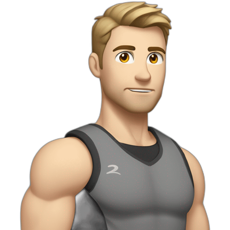 Pale skinned Fit Man With the biceps and dark brown hair in black shirt, gray sports shorts and white Sneakers His right hand near his back of the head emoji