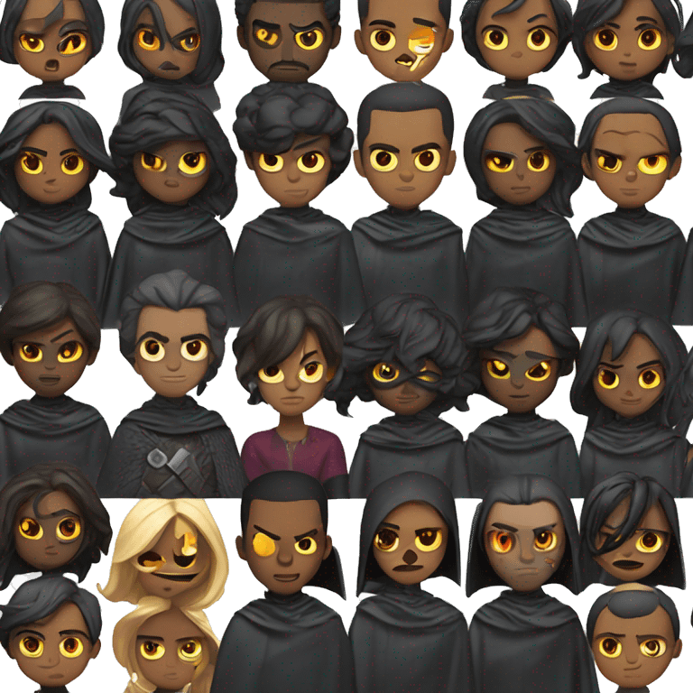 Dark, edgy characters with dramatic capes, glowing eyes, and menacing expressions. emoji