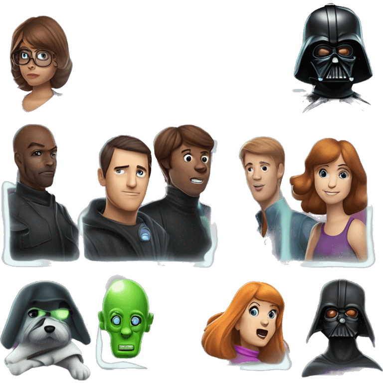 Darth Vader’s and Scooby Doo’s, Velma, Shaggy, Daphne, and Fred’s mystery machine ghost hunters van holographic flames  emoji