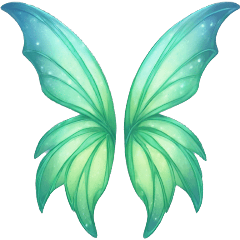 Create an emoji-style image of a pair of fairy wings. The wings should be primarily light green with subtle blue accents. They should have a shimmering, glittery effect to make them look magical and ethereal. emoji