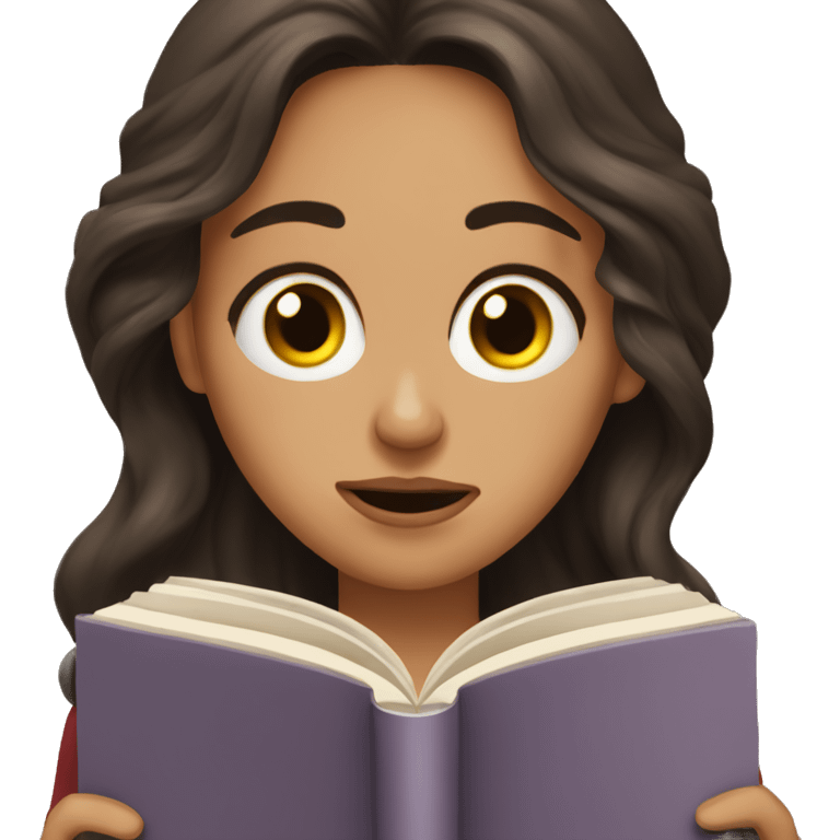 brunette long wavy hair woman crying tears down face while holding and reading book emoji