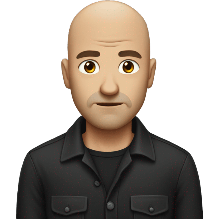 Bald man with strong jaw and a black button up shirt, pouting emoji