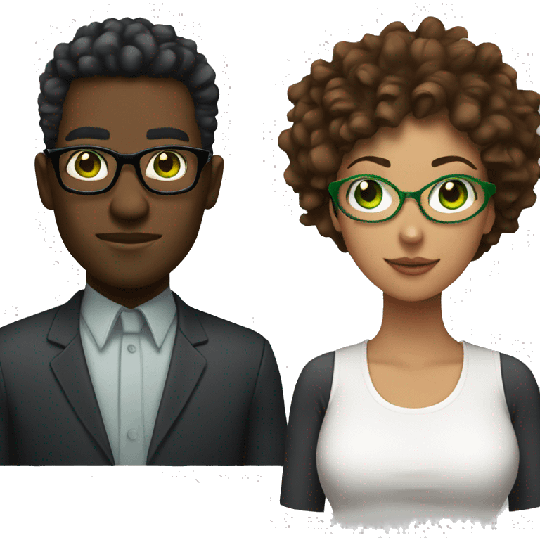 black male with spikey hair and glasses and white female with brown wavy hair , green eyes and glasses emoji