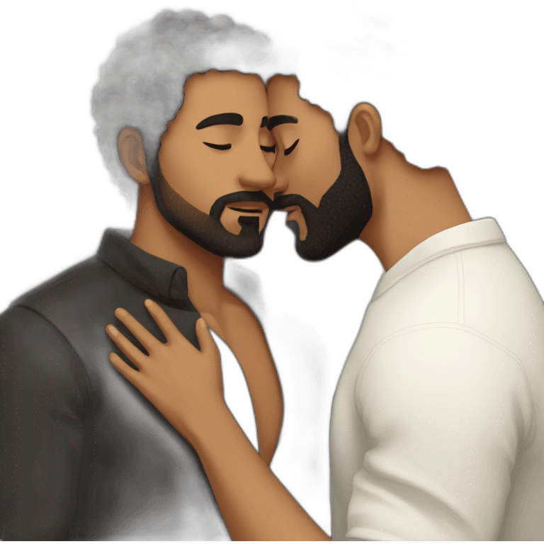 Brown man with a smooth black hair cut fade and a black beard kissing a White woman with long brown curly hair emoji