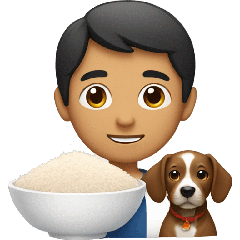 A brown Asian boy with a bowl of rice and a dog  emoji