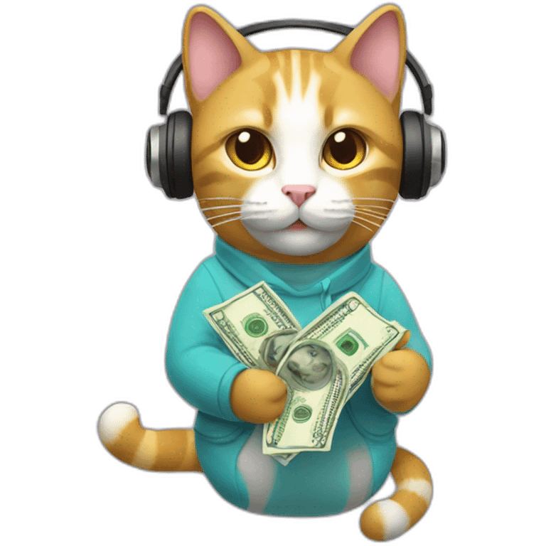 cat in headphones holding money in hands emoji