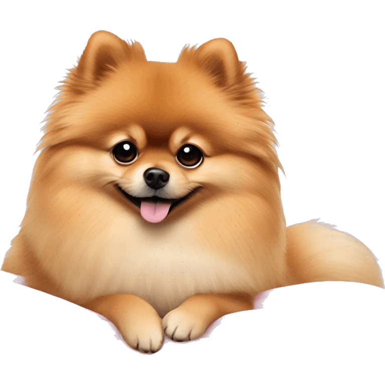 Pomeranian lying in a pink bed on a winter day  emoji