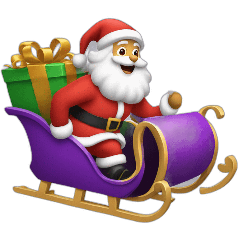 Santa Claus dressed in purple running with his sleigh and reindeer to deliver presents emoji