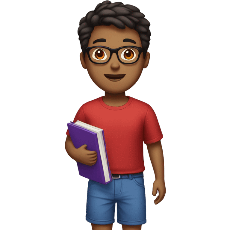 a brown boy in a red and black shirt, blue shorts, wearing sandals, short hair and black glasses, holding a purple book emoji