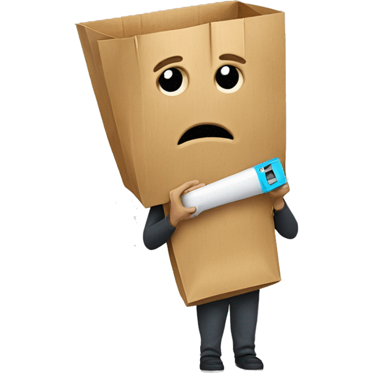  guy with a paper bag mask with eye holes on his head holding a light switch  emoji