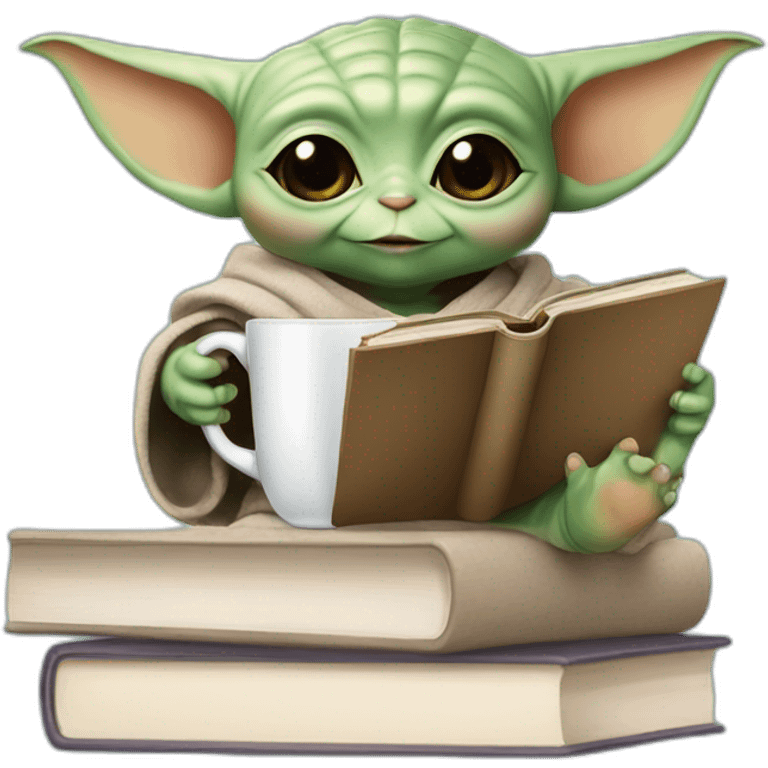 baby yoda at university with books in hands and a university cup emoji