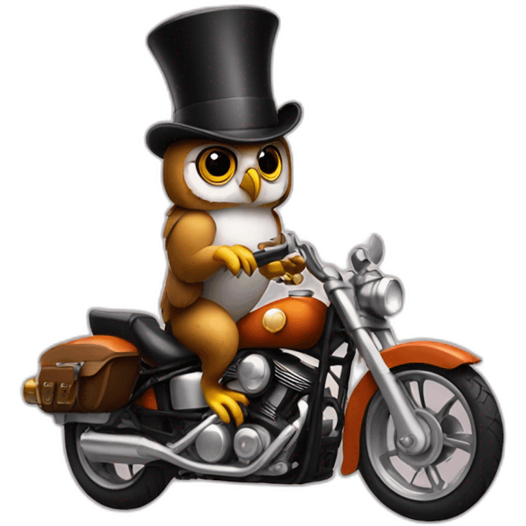 Owl driving a motorcycle wearing a tophat emoji