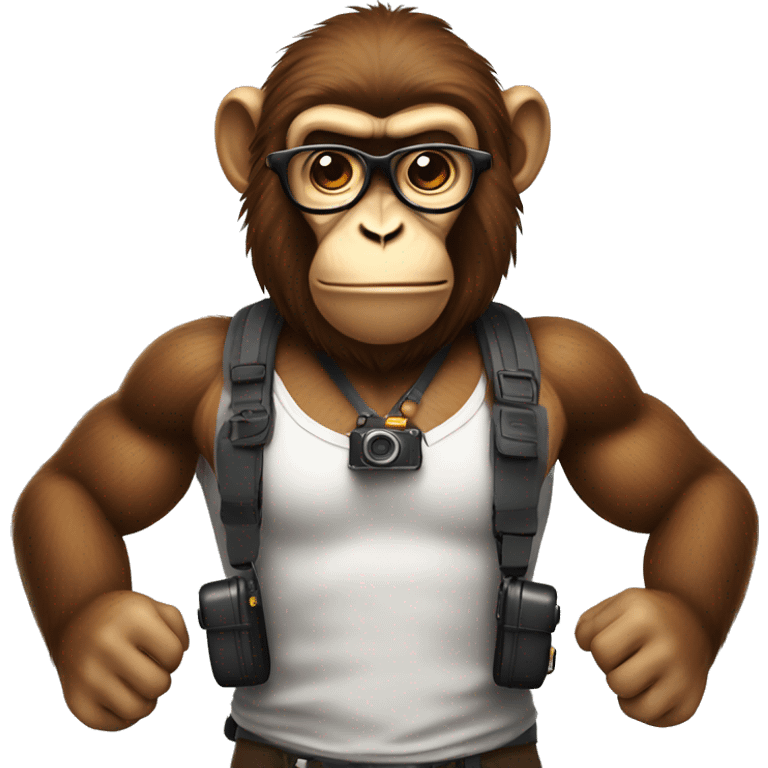 muscular monkey with glasses and camera around his neck with whole torso visible emoji