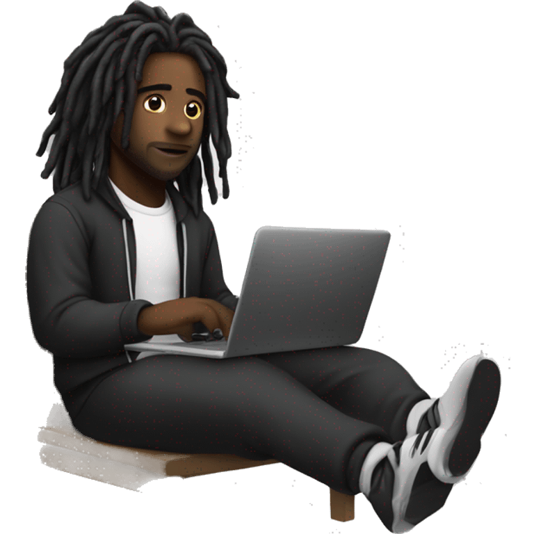 Black-guy-with-dreads-wearing-black-trackstuit-sitting-down-on-chair facing-foward-focused-on-laptop-computer- emoji