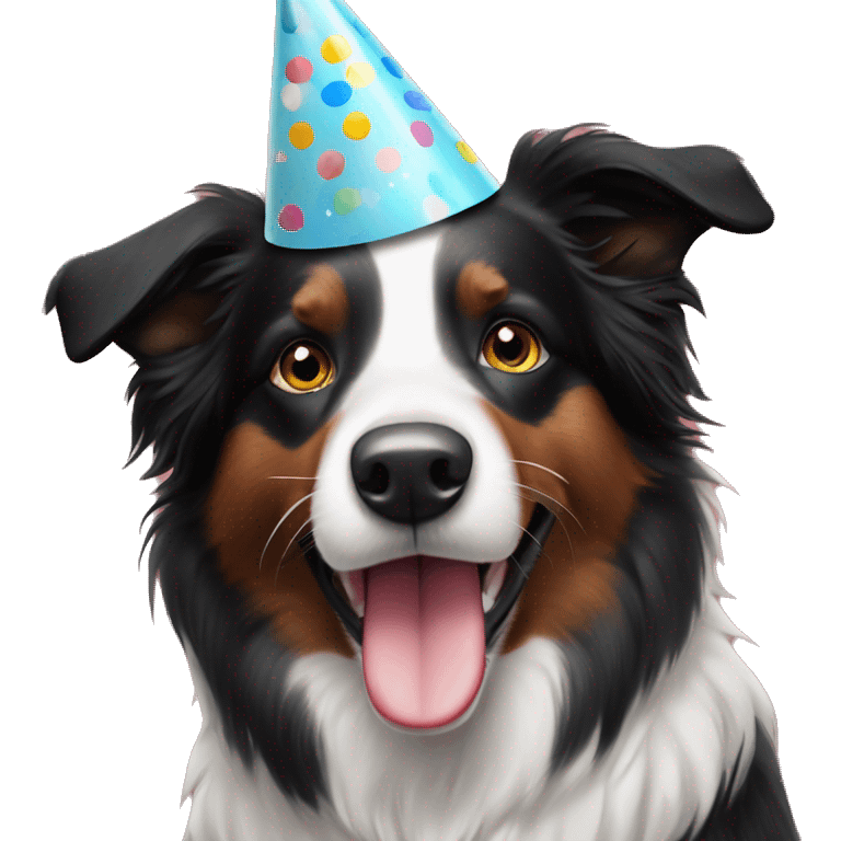 A black and white Border Collie with black freckles wearing a party hat.   emoji