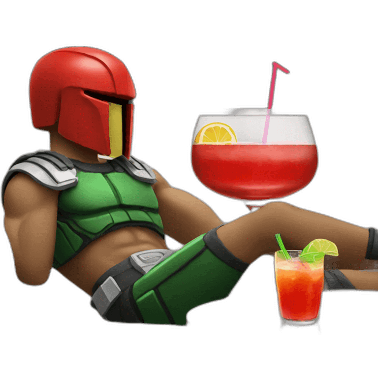 A red spartan drinking a relaxed coktail on a sofa emoji