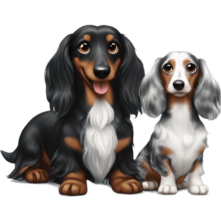 Long-haired black merle dachshund with little one  emoji