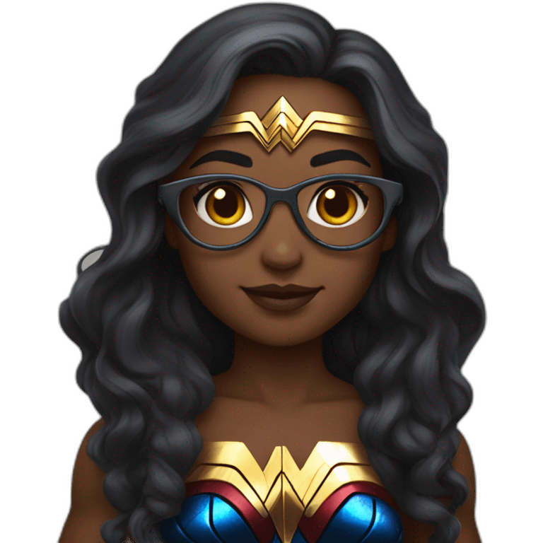 girl with long hair and dark skin wearing glasses and dressed as Wonder Woman emoji