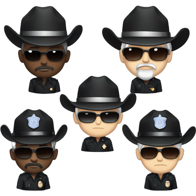 Chibi twitch emotes of a white man with a grey beard and  black cowboy hat no badge on hat, he is wearing aviator sunglasses, dressed in a black police officers uniform emoji