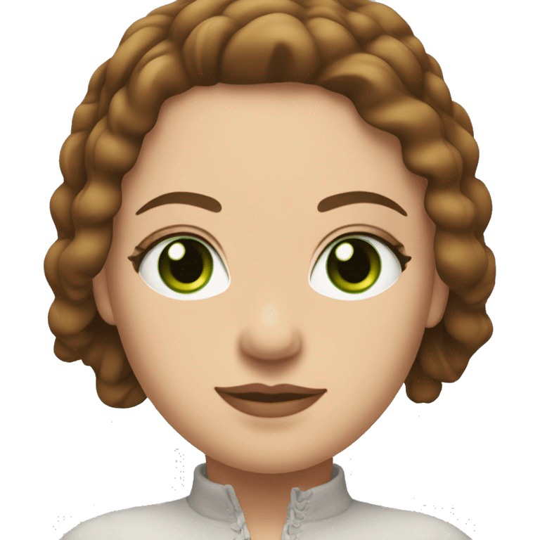 Face of a White curvy girl with green eyes long brown hair with a bit of volume. She’s wearing a top long sleeve with laces emoji