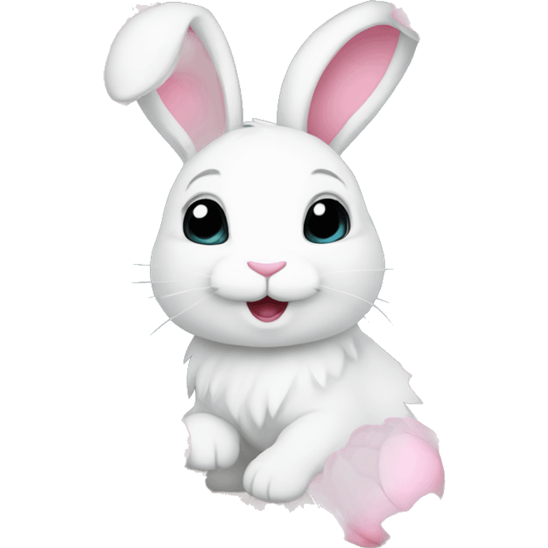 cute white bunny holding light pink peonies emoji