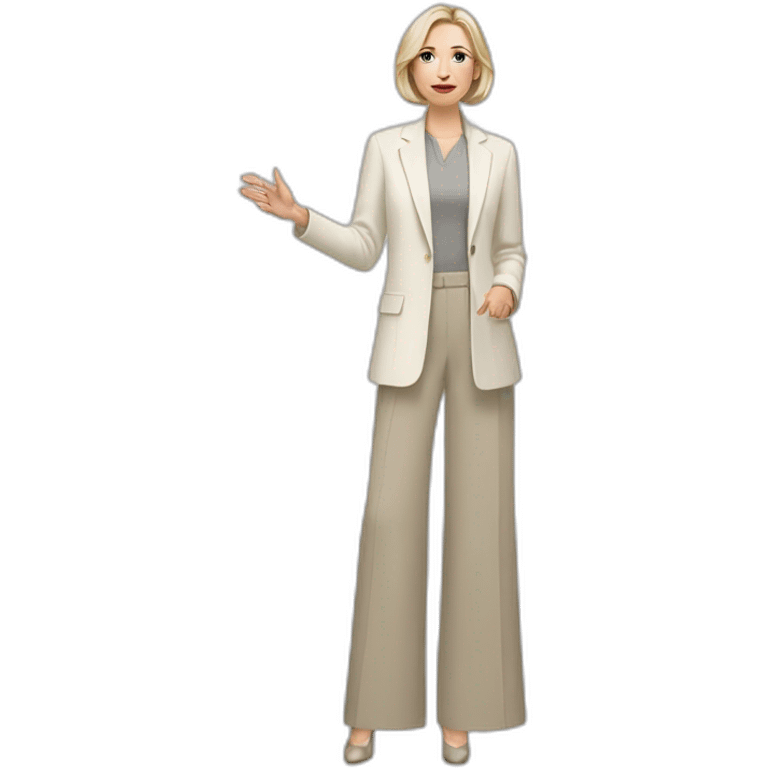 Full height Actively gesturing with hands pale skin woman with ash blonde Straightened bob Hair, White Spacious classical jacket, beige palazzo Arrow pants and gray blouse emoji