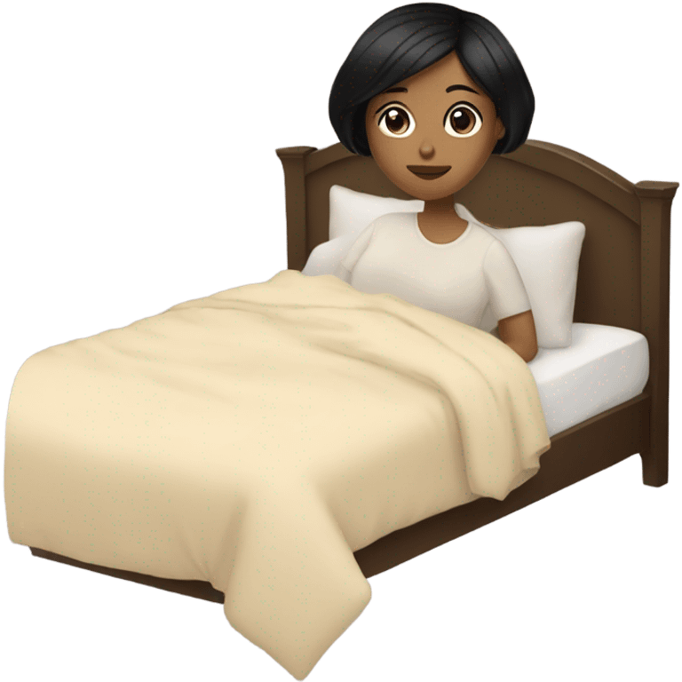 girl with short black hair laying in a big bed with a beige comforter  emoji