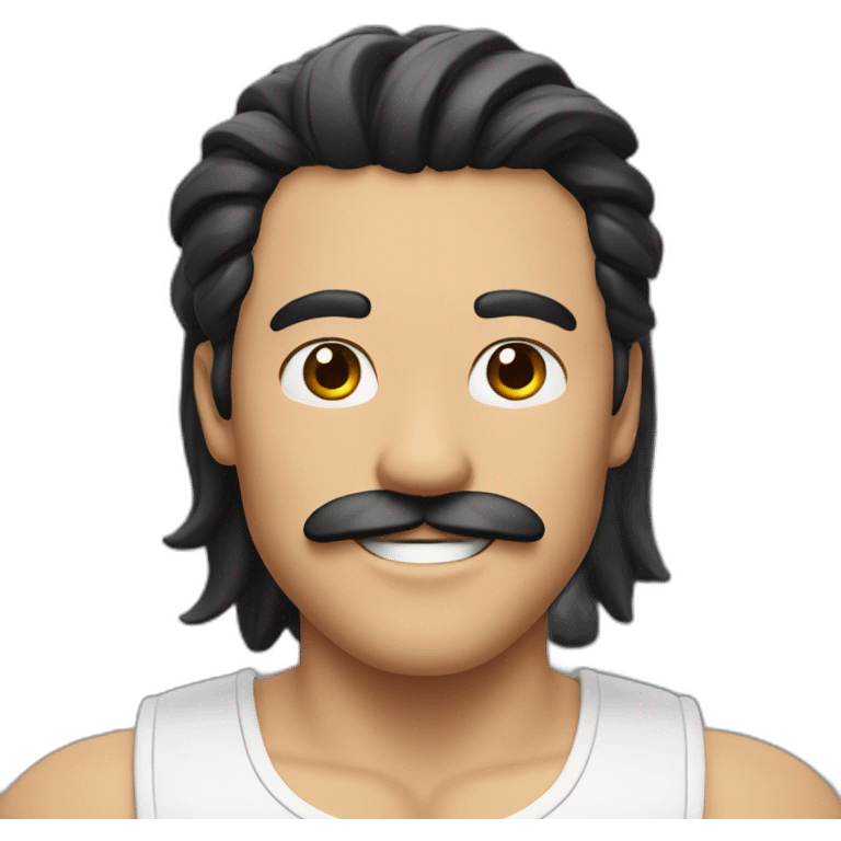 HAPPY MAN WITH MUSTACHE AND LONG BLACK HAIR AND WHITE TANK TOP emoji