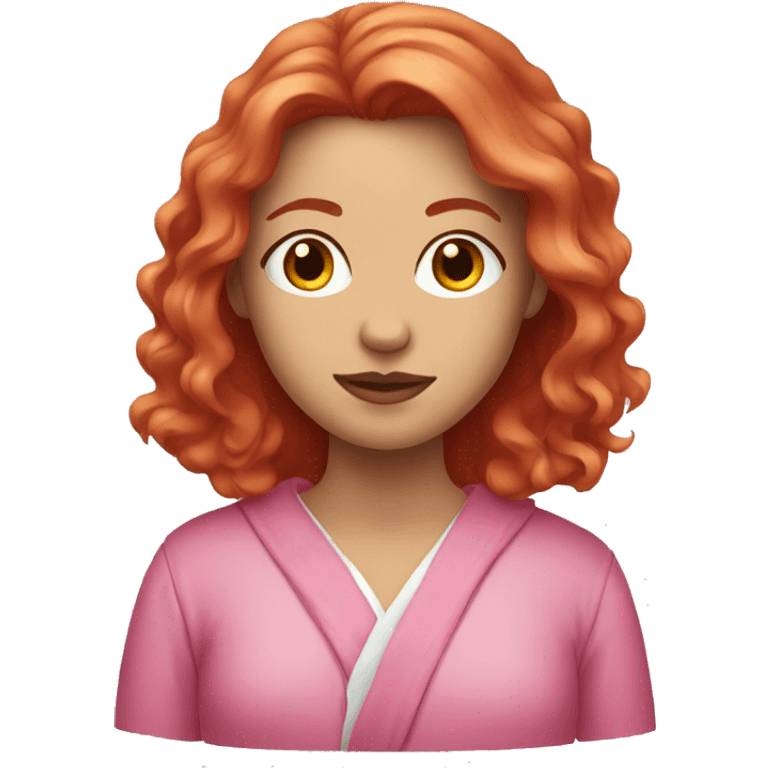 A red-haired girl with long hair in a pink robe and mask emoji