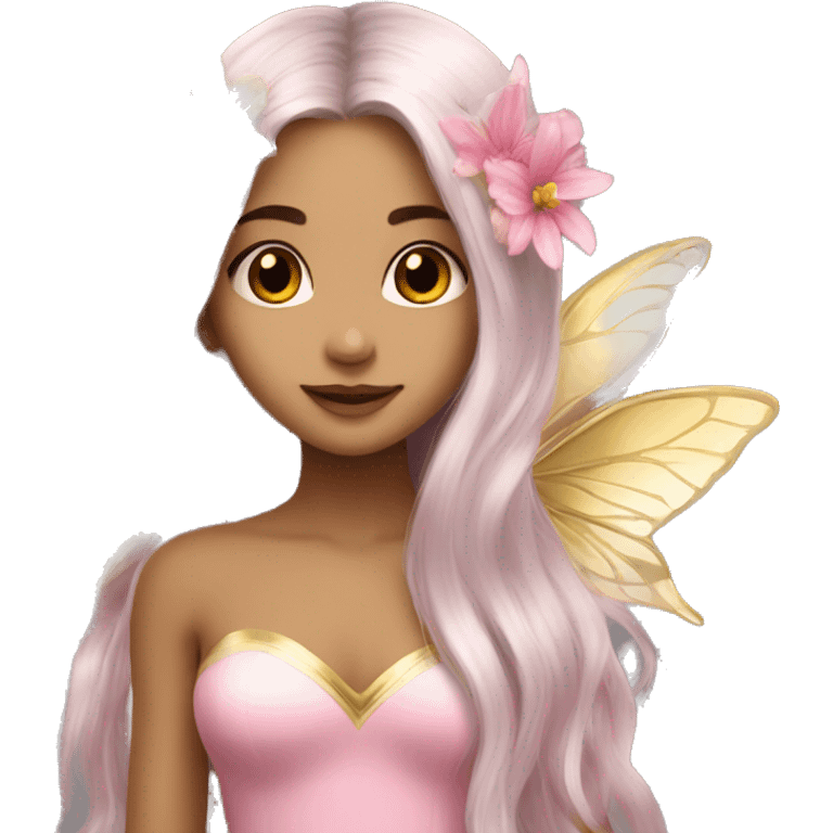 Beautiful, flower, fairy, pink, gold, silver, long hair, butterfly wings emoji