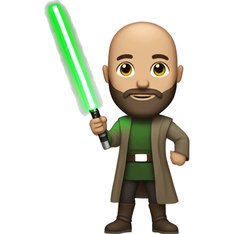 Full body Star Wars bald brown bearded man holding green light saber emoji