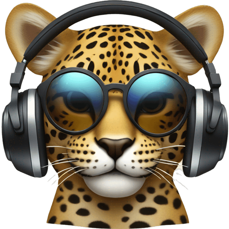 jaguar cat dj, cute emoji face, looking forward, wearing cool sunglasses, wearing over-ear headphones on top of head emoji