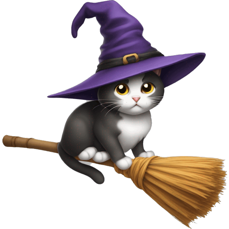 Cat wearing witch hat, sitting on a broom stick emoji