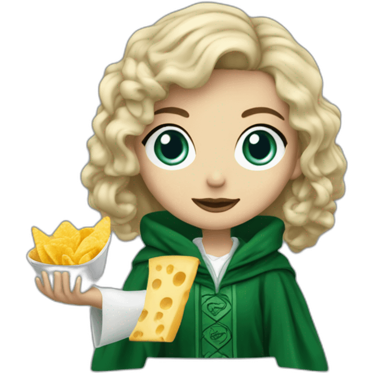 Blue eyes Slytherin robe girl with short wavy ash blonde hair eating chips and cheese hogwarts robe emoji