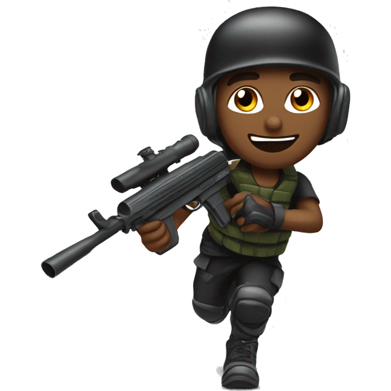 Brown skin paintball player wearing a black headband and running with a paintball gun in hand emoji