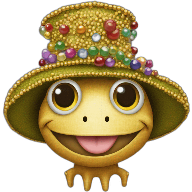 a toad in beads and a woman's hat emoji