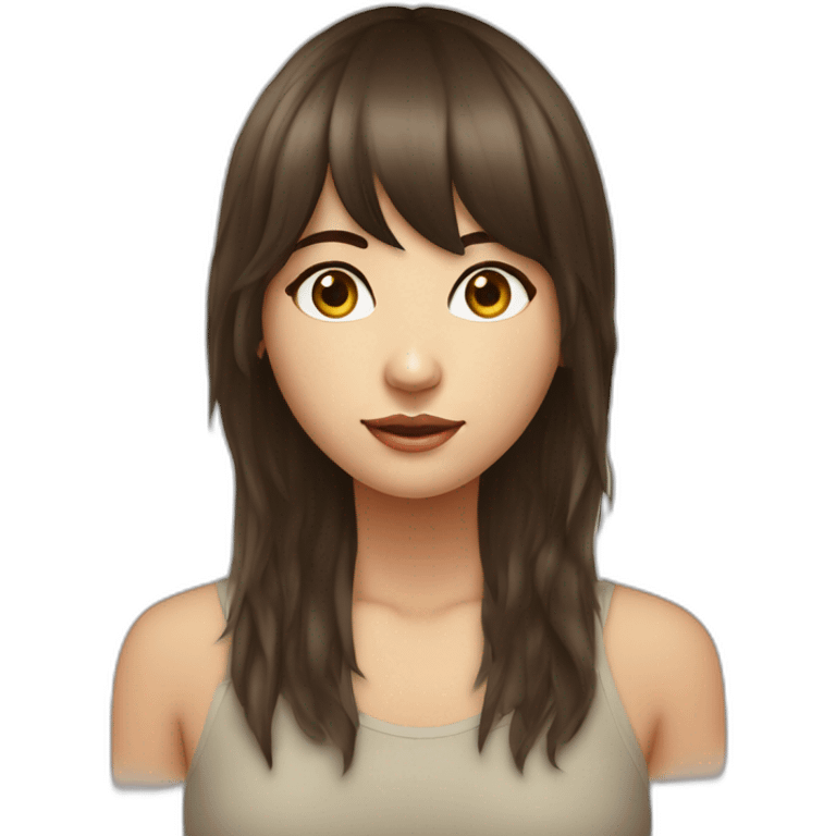 Fille brune abec des yeux bleux avec une frange et des cheuveux long emoji