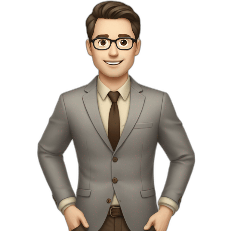 Pale skinned fit man with dark brown hair in gray jacket, beige office shirt, brown tie, brown pants and vintage glasses Writing on the marker board emoji