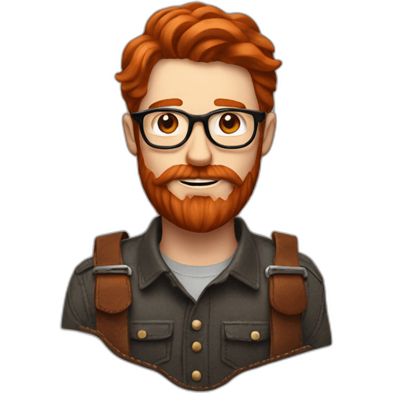 Red smooth haired man with beard and glasses hand stitching a saddle emoji