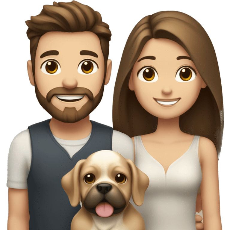 Brunette happy couple boy with beard and girl  with long hair with one cute beige French bull dog  emoji