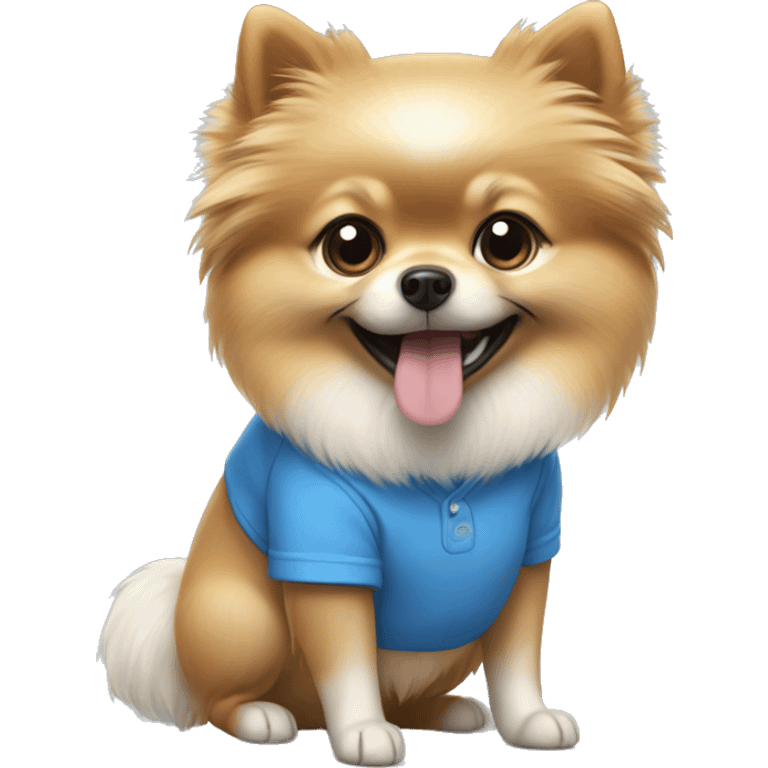 pomeranian crème/white wearing a blue shirt  emoji