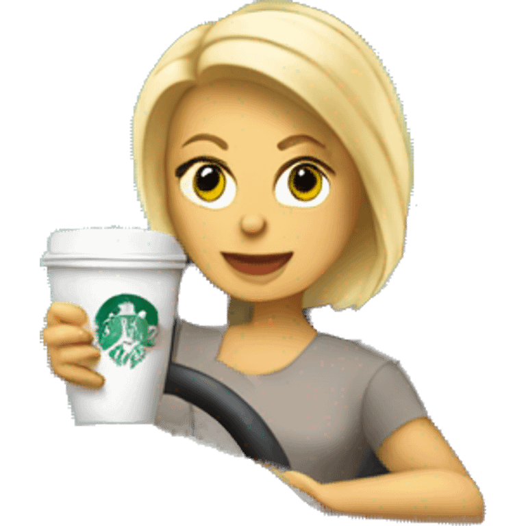 Blonde woman driving silver hatchback drinking Starbucks emoji