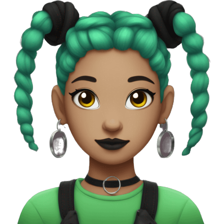 Goth girl, green space buns, red flannel, hoop earrings, cat eyeliner emoji