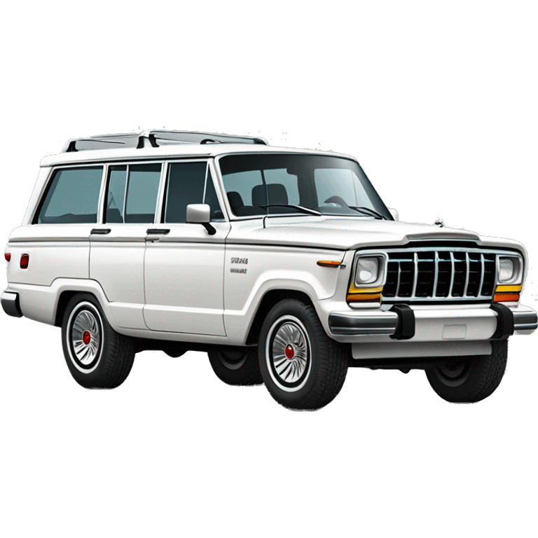 modern white Jeep Wagoneer SUV, sleek design, iconic seven-slot grille, large wheels, and smooth body curves. emoji