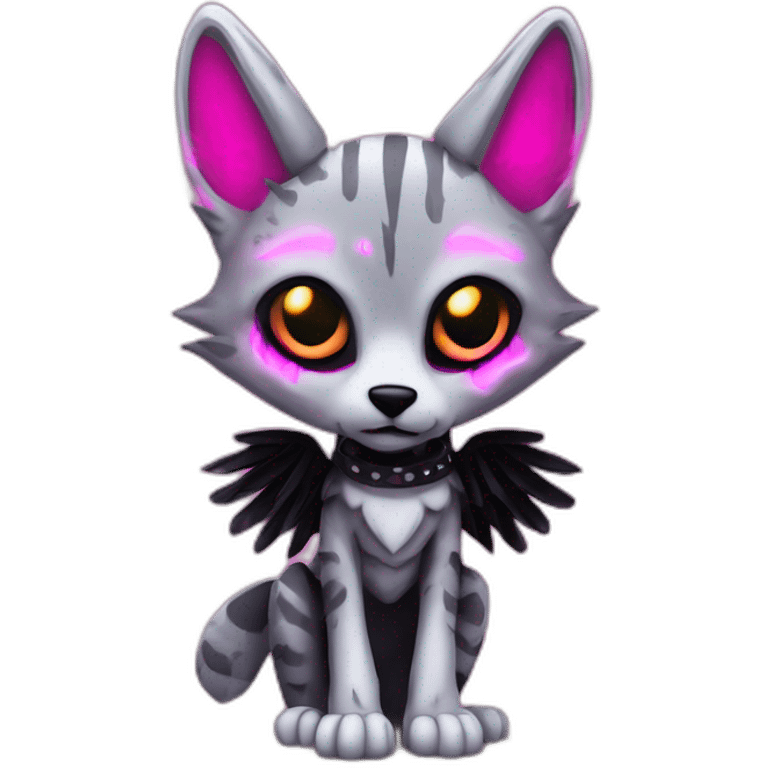 Coyote ocelot standing with grey and black fur and phoenix wings on back and pink ears half skeleton zombie, neon lights emoji