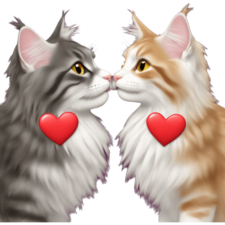 Two Maine coons of different colours kissing with a love heart in front   emoji